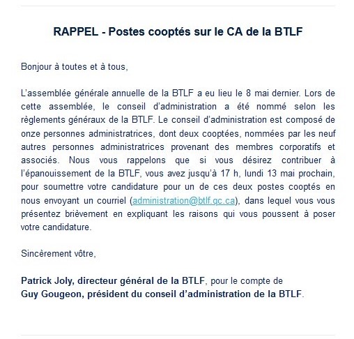 Postes cooptés sur le CA de la BTLF